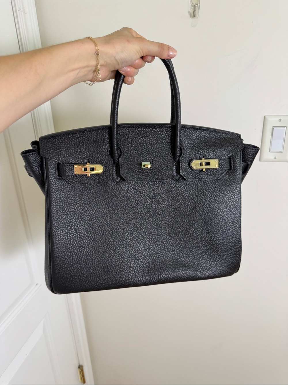 Black Pebbled Leather Tote Bag Gold Hardware Satchel Birken Style